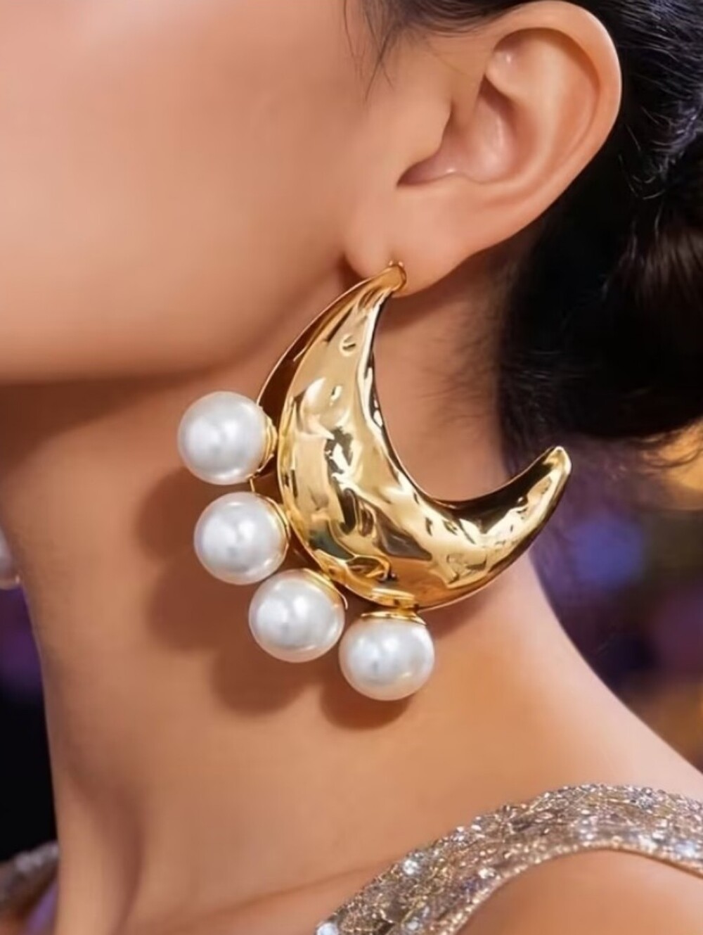 NEW! Statement Hammered Gold Crescent Moon Pearl Drop Earrings - Women Jewelry
